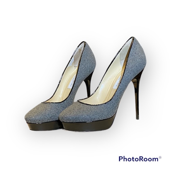 Jimmy Choo Grey Flannel and Black Patent Leather Heels - Picture 3 of 3